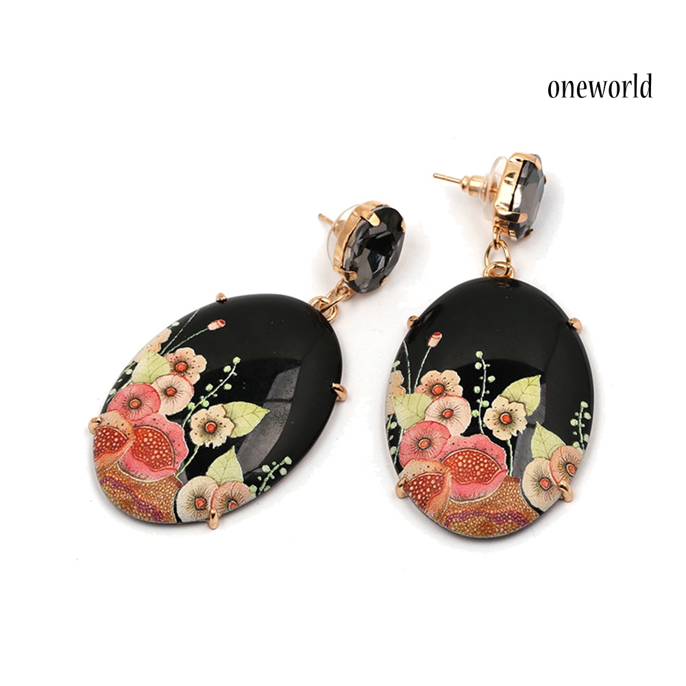 OW@ Elegant Women Resin Oval Shape Flower Pendant Earrings Rhinestone Inlaid Jewelry