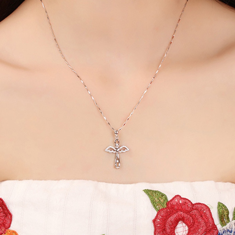 Kalung Rantai Lapis Silver 925 Dengan Liontin Salib + Sayap Malaikat Mewah Untuk Wanita