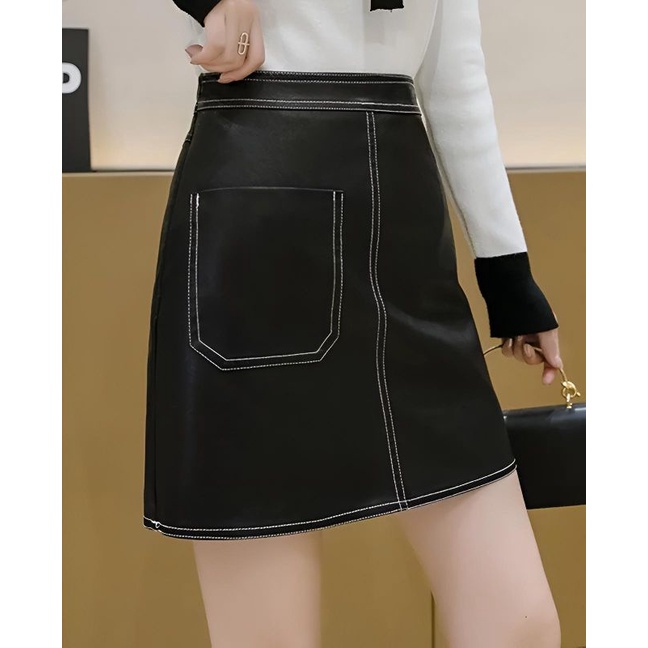 Mini Skirt PU Leather 2022 Pinggang Tinggi Rok Saku A-Line Wanita