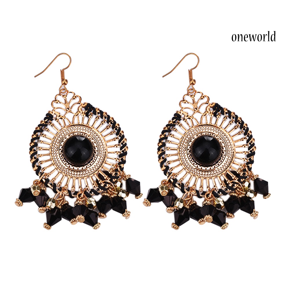 OW@ Bohemia Women Fashion Retro Tassel Beads Round Drop Dangle Hook Earring Jewelry