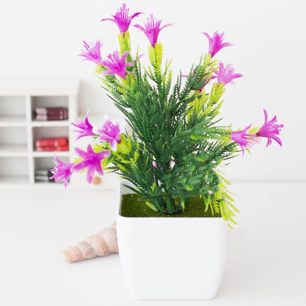 AM816 Bunga Plastik / Pajangan Bunga Artificial / Vas Kecil Segi4-Ungu