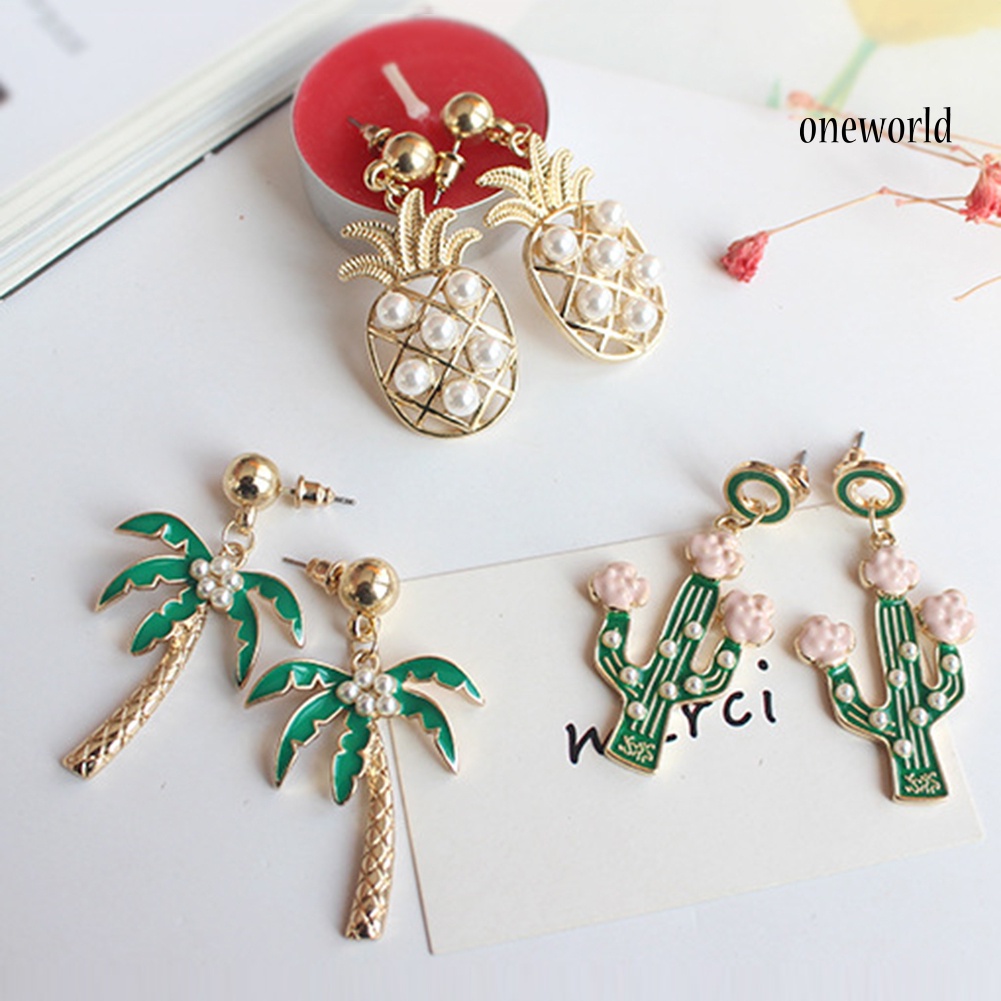 OW@ Cartoon Pineapple Coconut Tree Cactus Pendant Earrings Women Ear Studs Jewelry