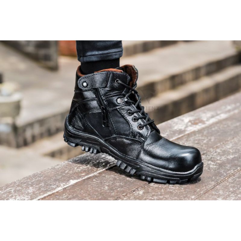 Sepatu Safety Boots Pria 100% Kulit Asli Biker Touring Boot Cordura Black JENGGEL SEMI FULL LEATHER