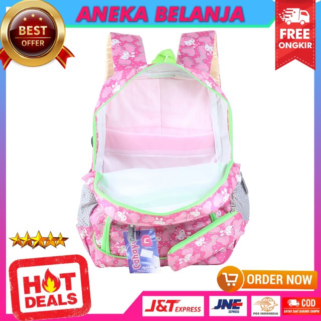 TAS SEKOLAH SD SMP CAHAYA KITTY PINK VARIASI HIJAU BACKPACK ANAK CEWEK KARAKTER LUCU FREE RAINCOVER