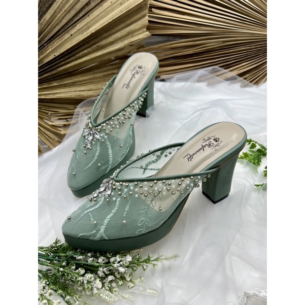 RafAiZoutfit sepatu wanita sepatu pesta wedding yohana sage green hells 9cm tahu