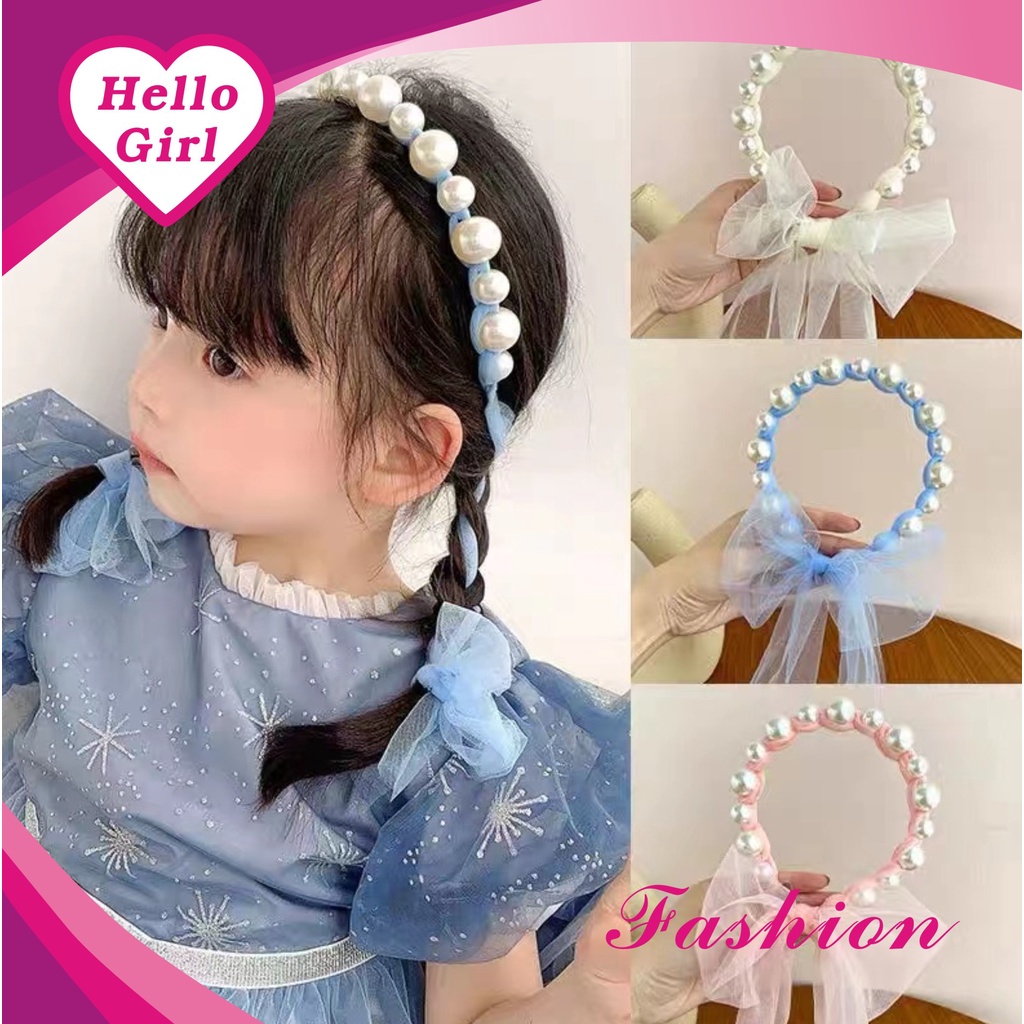 (Hello Girl) B11 Bandana Mutiara Pita Tulle Panjang Bisa diikat Gaya Korea Bando Anak Import