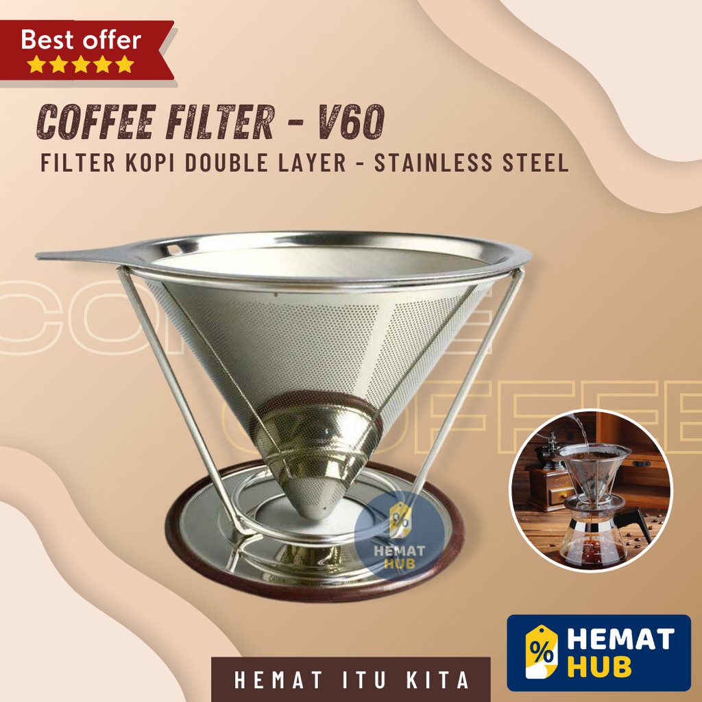 V60 Dripper Set Stainless Steel Paperless Coffee Double Filter Alat Penyaring Drip Kopi Manual