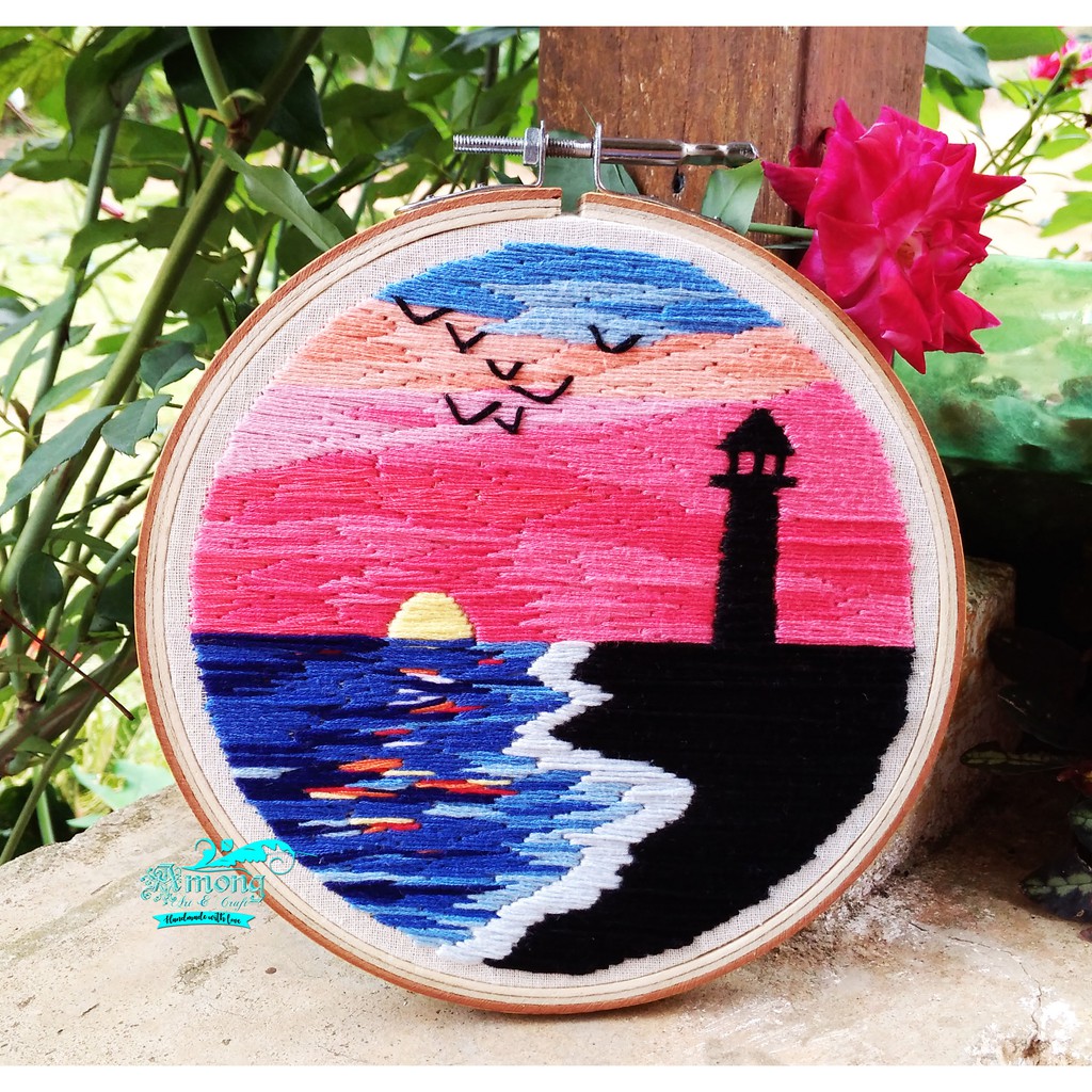 Hoop Art Hand Embroidery Landscape - Pink Sunset - (Sulam Tangan - Hiasan Dinding - Wall Decor)