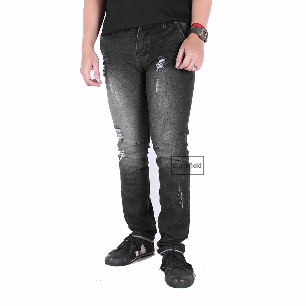 Celana Jeans Sobek Lutut Pria Panjang Slim Fit / Celana Cowok Jeans Modern