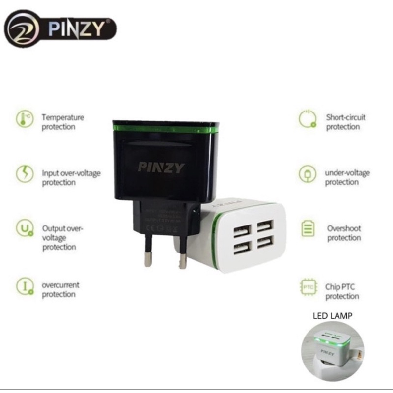 Adapter Charger PINZY 4 Port Usb with Led T22 Series - Kepala Charger T22 -