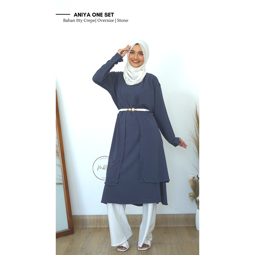 Aniya Midi Dress Set Outer Itty Crepe Setelan Inner Dress Outer Lengan Panjang Jumbo Fit To XL Fashion Muslim Perempuan Dewasa Kekinian Terbaru 2023