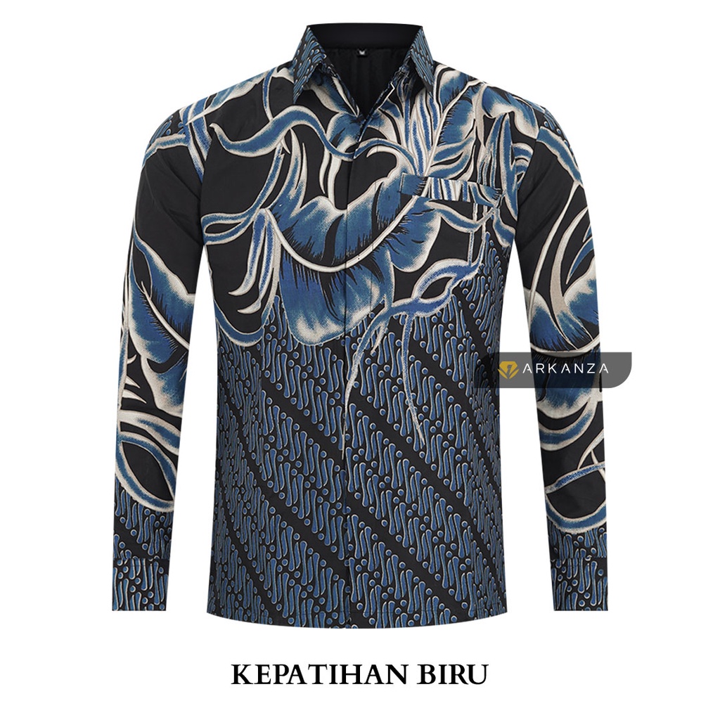 BATIK ARKANZA Motif KEPATIHAN BIRU Hem Atasan Kemeja Baju Batik Pria Cowok Laki Laki Slimfit Full Lapis Furing Lengan Pendek