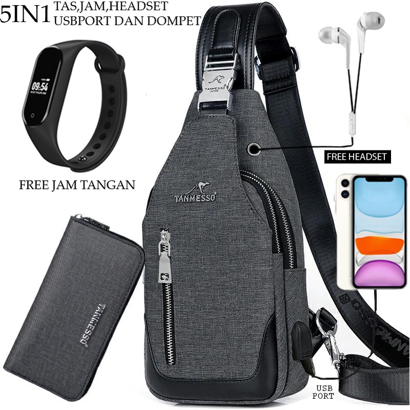 Tanmesso 5in1 BAYAR DITEMPAT- JAM LED,DOMPET &amp; USBPORT&amp;HEADSET-TAS WATERPROOF TAS SELEMPANG PRIA