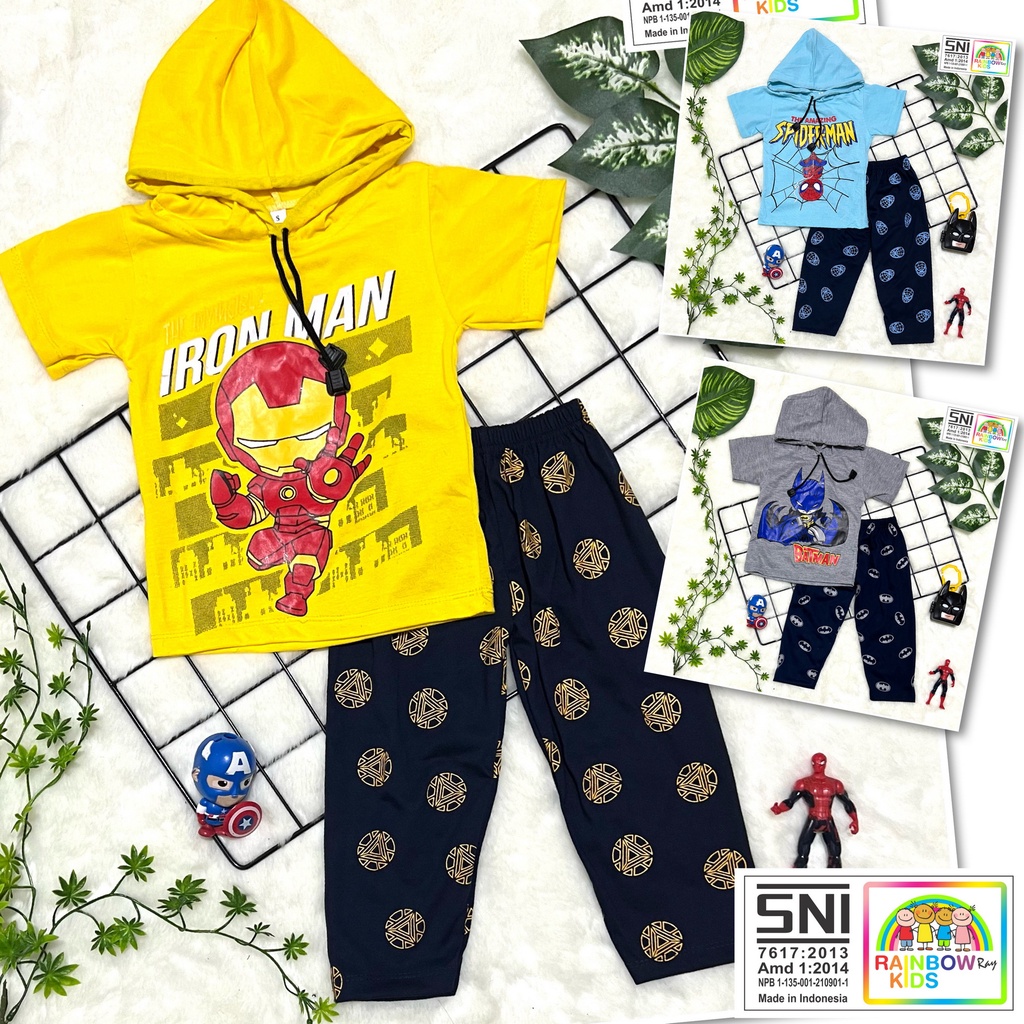 SETELAN / SET BAJU ANAK COWOK HOODIE TOPI CP 1-9 TAHUN SUPERHERO