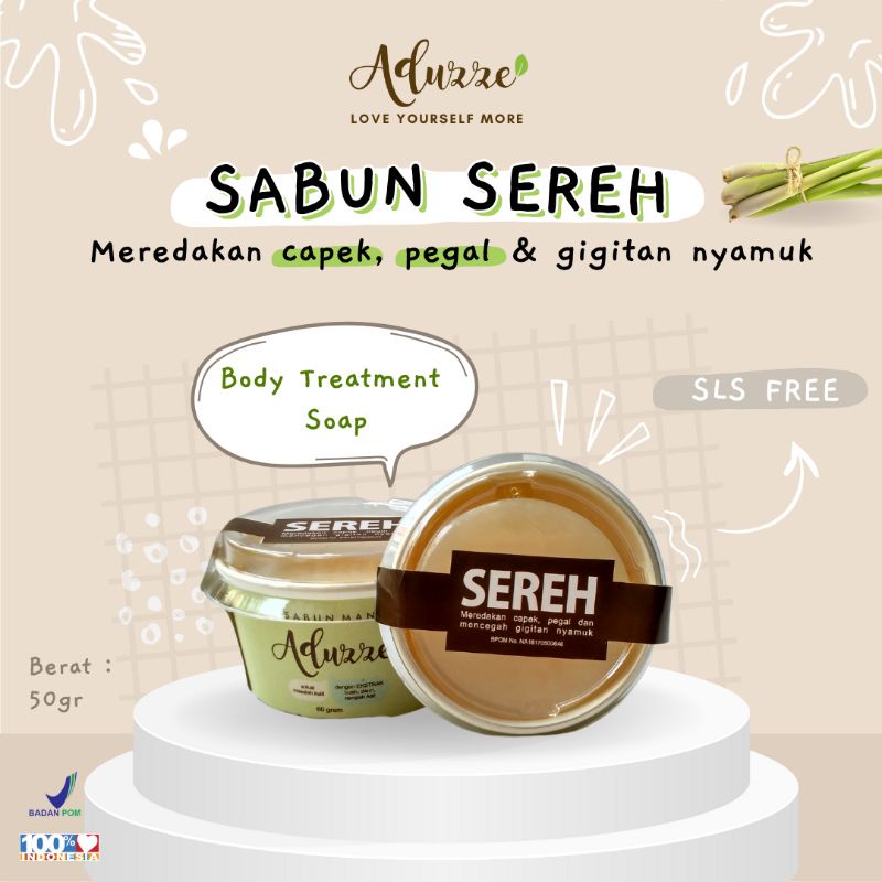 Sabun Herbal SEREH Aduzze Anti Gatal Nyamuk Menghilangkan Pegal Capek - Original isi 50 Gram Sabun Wajah Badan - 100% ALAMI - BPOM