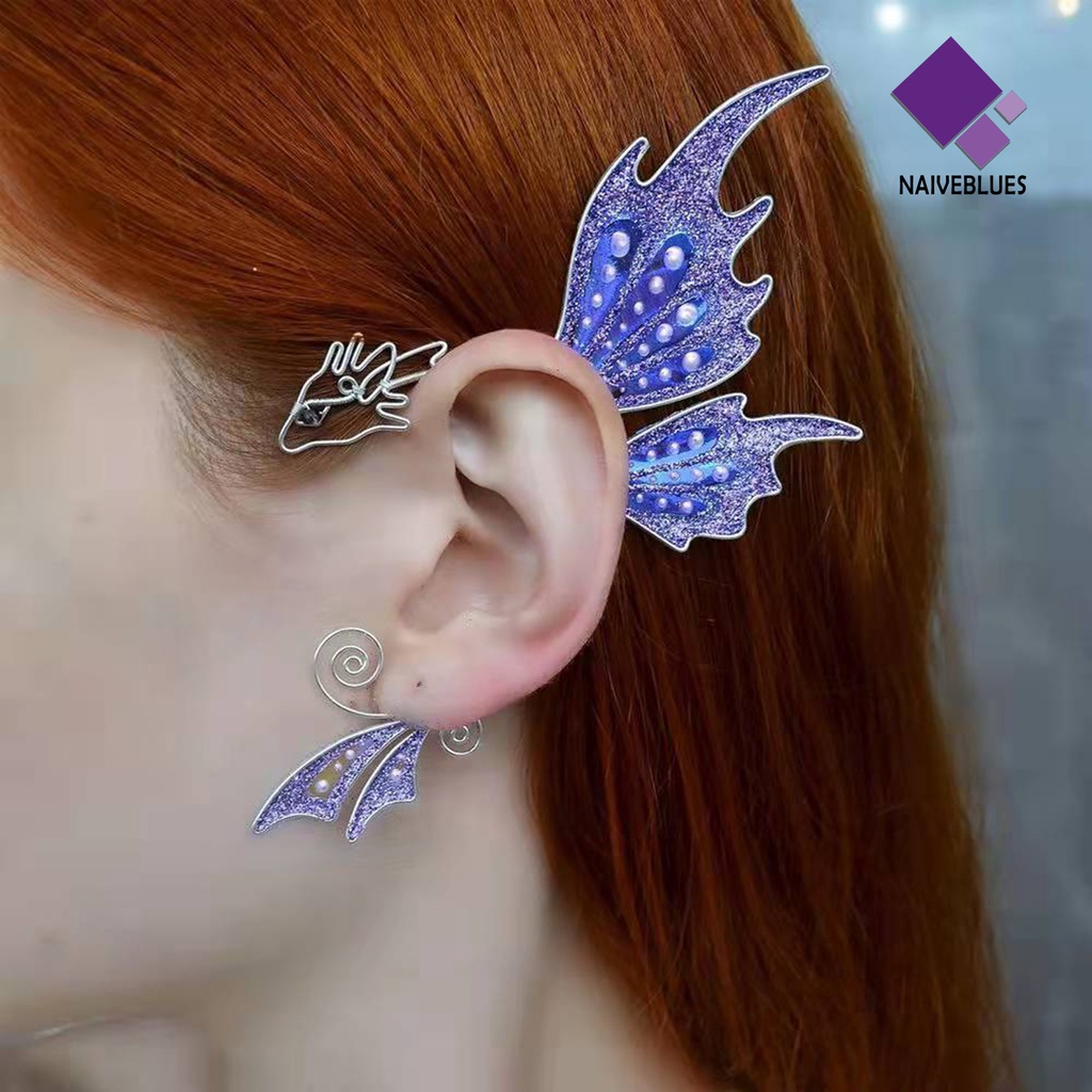 Naiveblue &gt; 1Pc Anting Klip Telinga Model Sayap Kupu-Kupu / Naga Multiwarna Untuk Cosplay