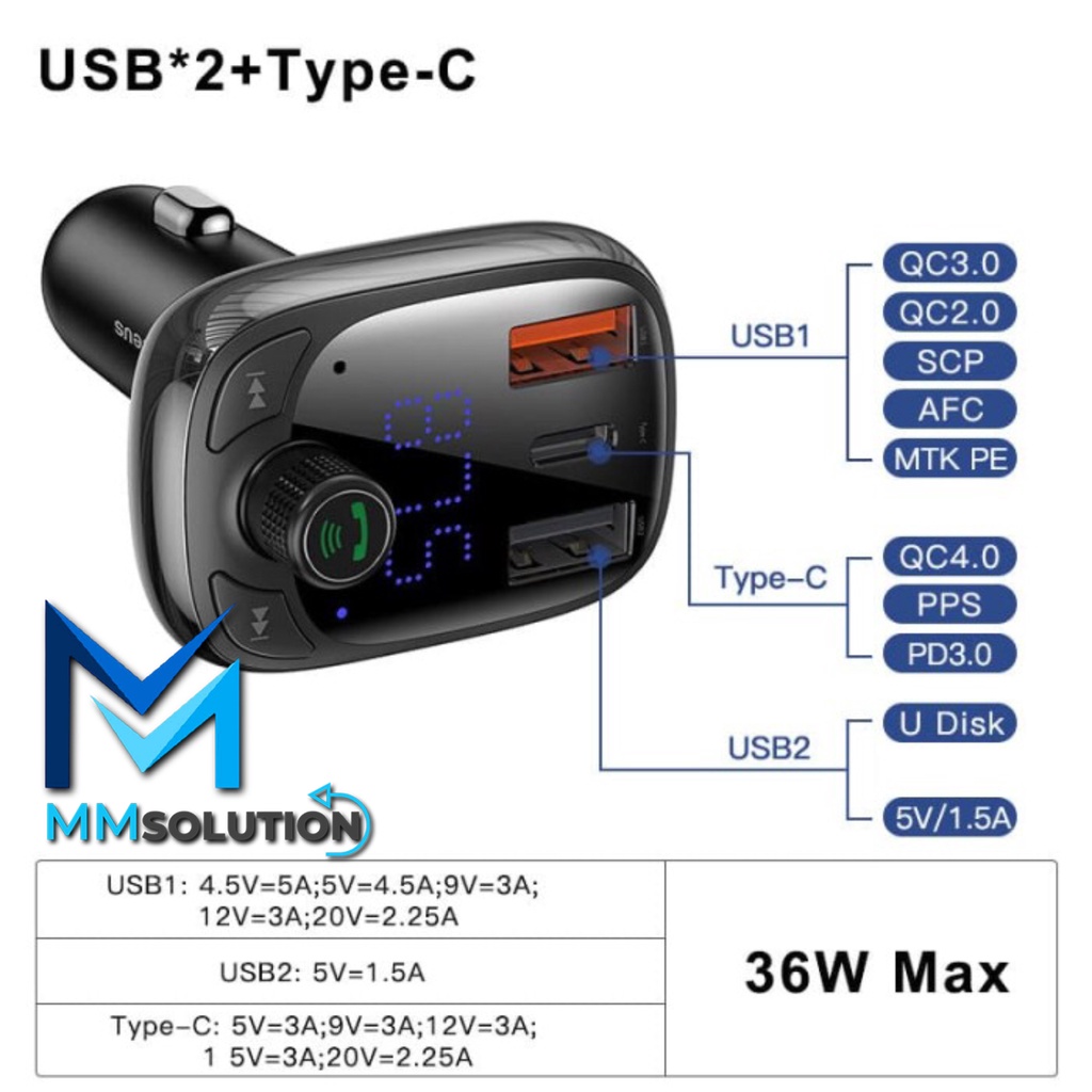 BASEUS S13 Quick Charge 4.0 Car Charger PD FM Transmitter Bluetooth