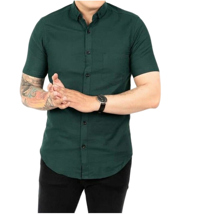 Kemeja Pria Polos Lengan Pendek Baju Hem Lengan Pendek Warna Hijau Botol