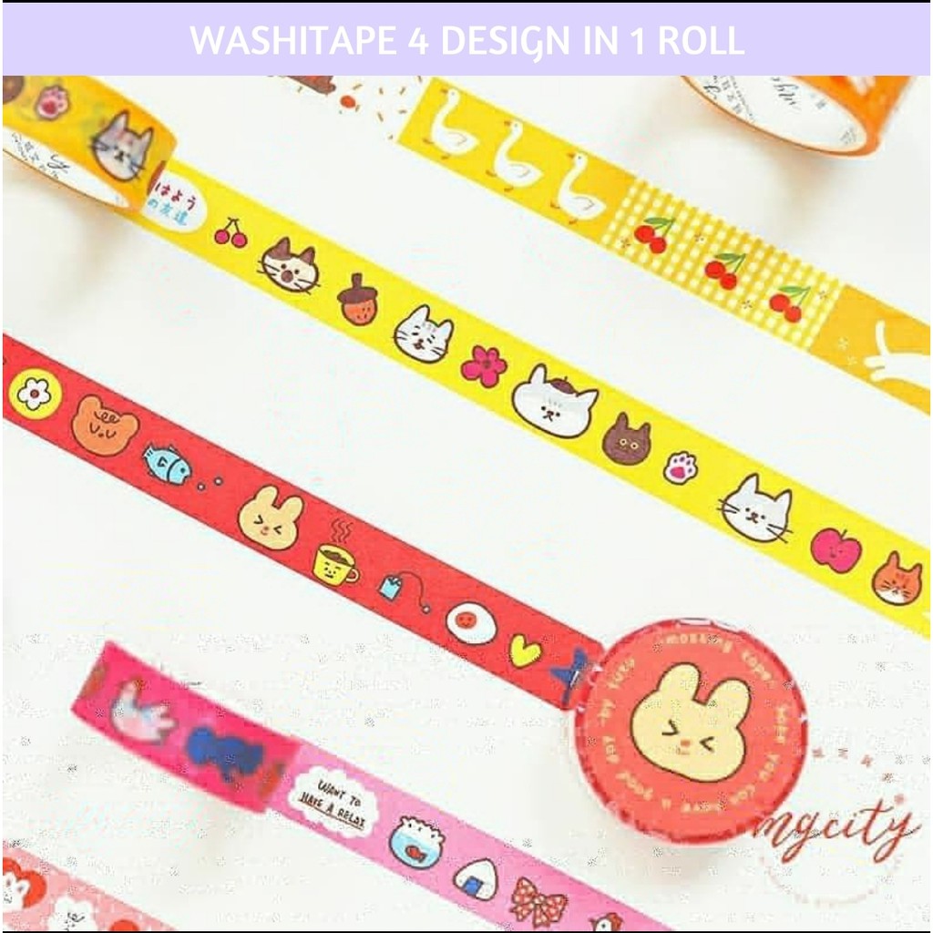 

MASKING TAPE WASHI TAPE 4 DESIGN IN 1 ROLL PLANNER SELOTIP CANTIK BUJO