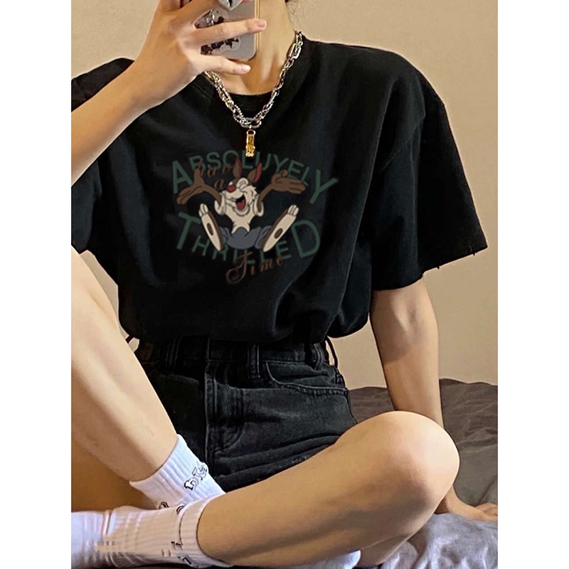 EUNII T-shirt Lengan Pendek Gaya Longgar Hitam Korean Style/Kaos Atasan Wanita/Baju Kaus Oversize Wanita