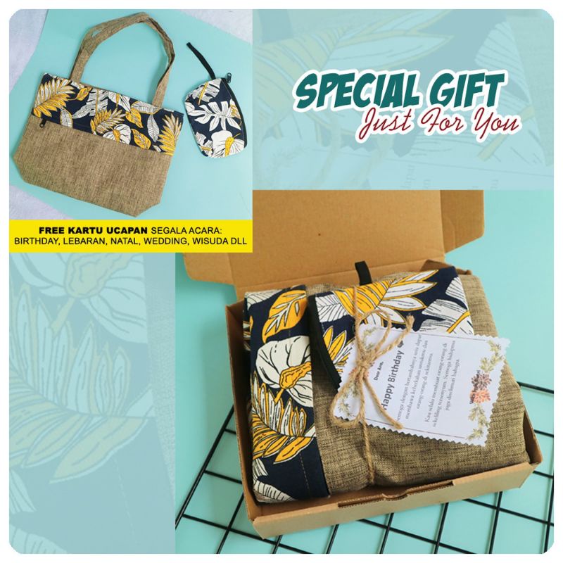 Hampers Totebag Kanvas 2in1/ Sabrina Bag &amp; Pouch/ Gift Graduation / Kado Ulang Tahun/ Hadiah Guru/ Birthday/ Wisuda/ Anniversary/ Sertijab/ Lebaran/ Idul Fitri