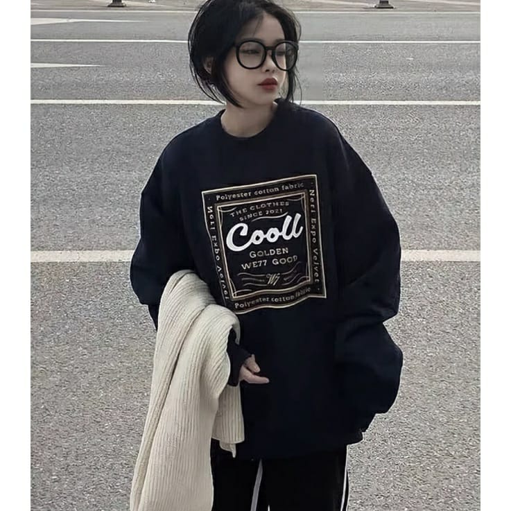 COOLL MINE Sweater Oversize Wanita Crewneck Bahan FLeece