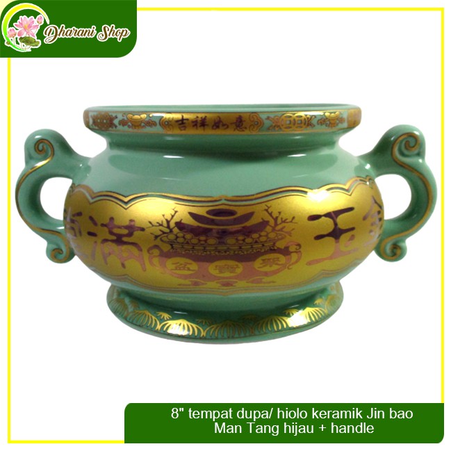 8" tempat dupa/ hiolo keramik Jin bao Man Tang hijau + handle