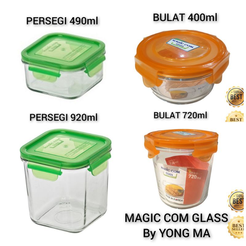 Magic com Glass by Yong Ma Round, Square 400ml, 490ml, 720ml, 920ml. Wadah bekal makan / toples kaca