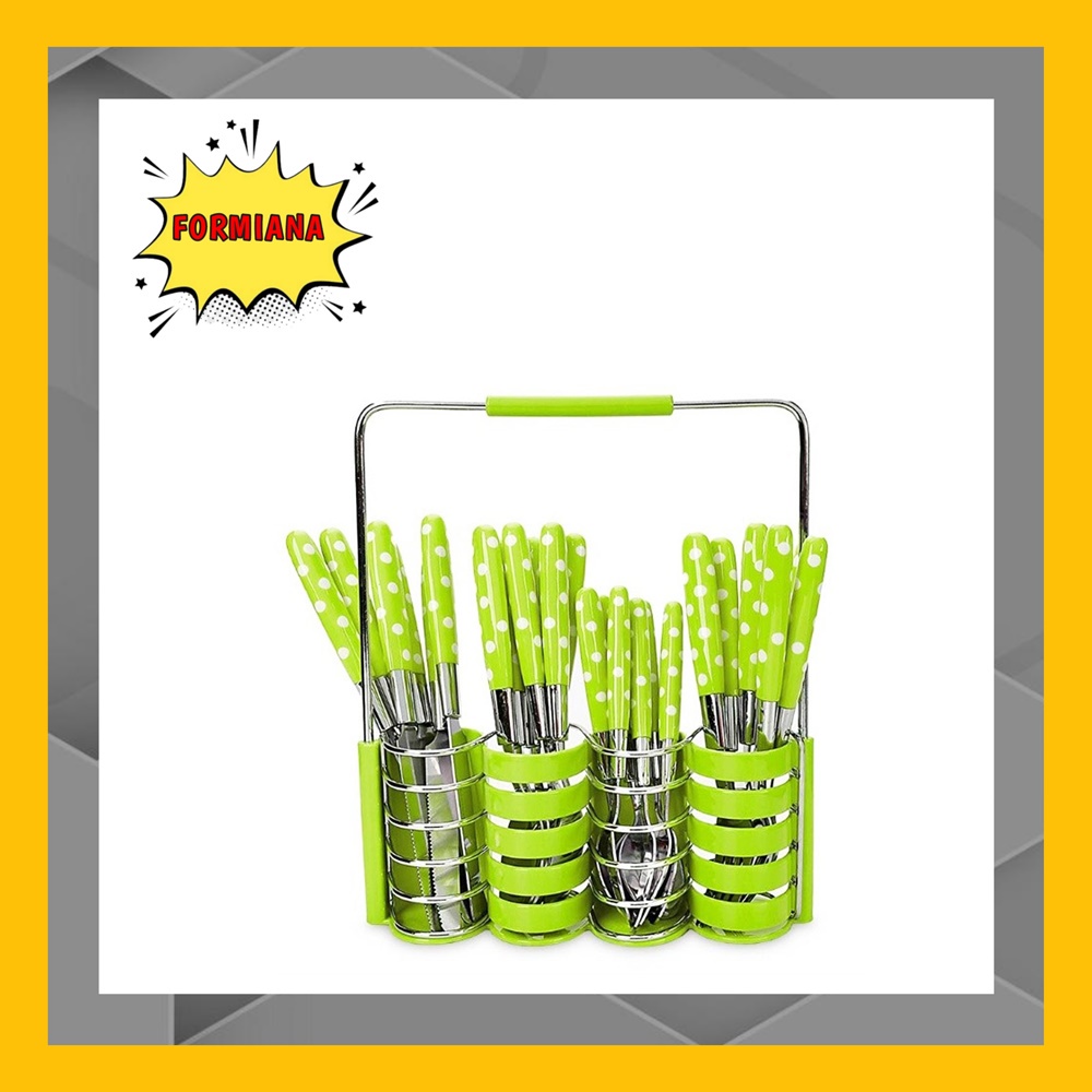 FM - Sendok Set Polkadot 24 Pcs + Rak Stainless / sendok makan set garpu pisau stainless