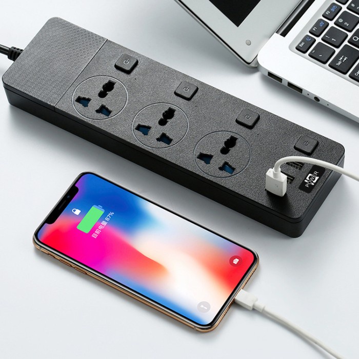 Lubang 3 Soket Steker Power Strip Black / Stop Kontak / Power Strip / Colokan Listrik Socket USB Black / Stop Kontak 3way / Power Strip / Socket USB 3 way / Stop Kontak 3 Lubang / Stop Kontak Smart Power Strip Socket Colokan Listrik Socket USB Hitam/Putih