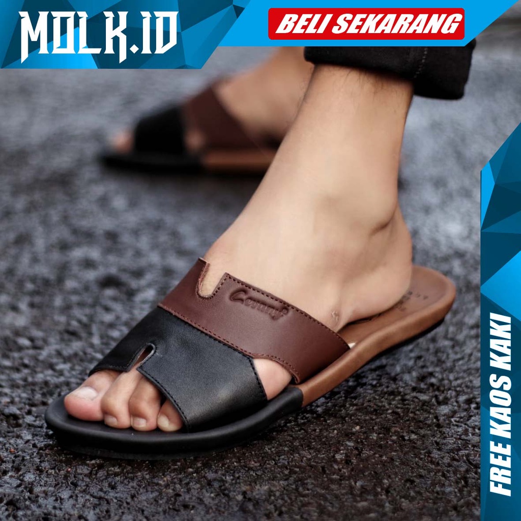 MOLK|Sandal Kulit Pria Selop Casual Kasual Brown Black Combi Sendal Slop Santai Murah Cowok