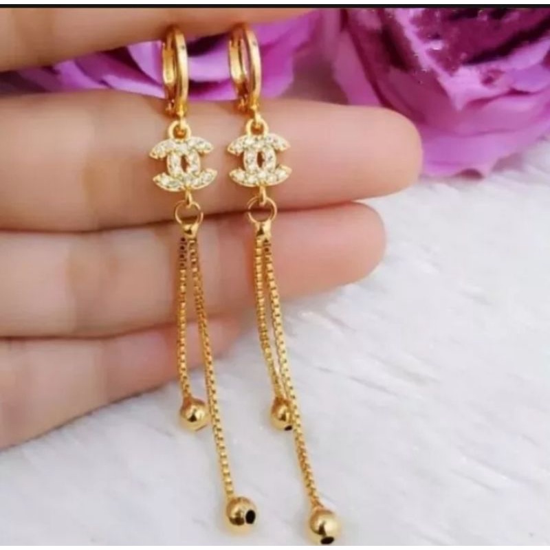 anting rumbai wanita cantik full permata gold titanium asli anti karat