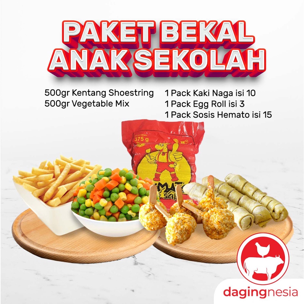 

Paket Bekal Anak Sekolah - Egg Roll, Kaki Naga, Kentang dan Sosis