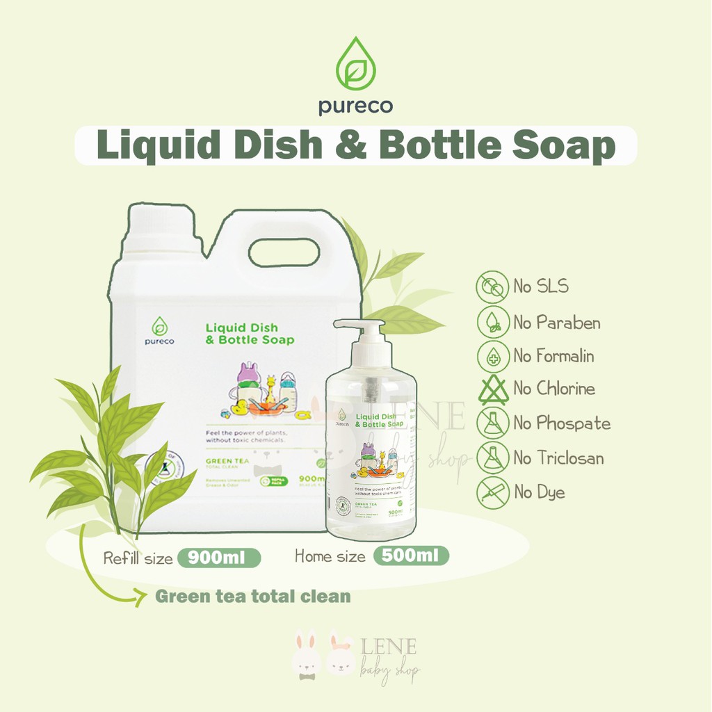 Pureco Liquid Dish and Bottle Soap Green Tea Refill Size 900ml