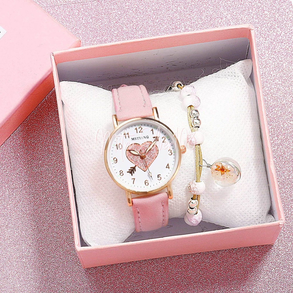 [MS108] JT 18 - Jam Tangan Wanita Quartz Analog Motif LOVE Lucu Dengan Tali Bahan Kulit PU Korean Fashion Import