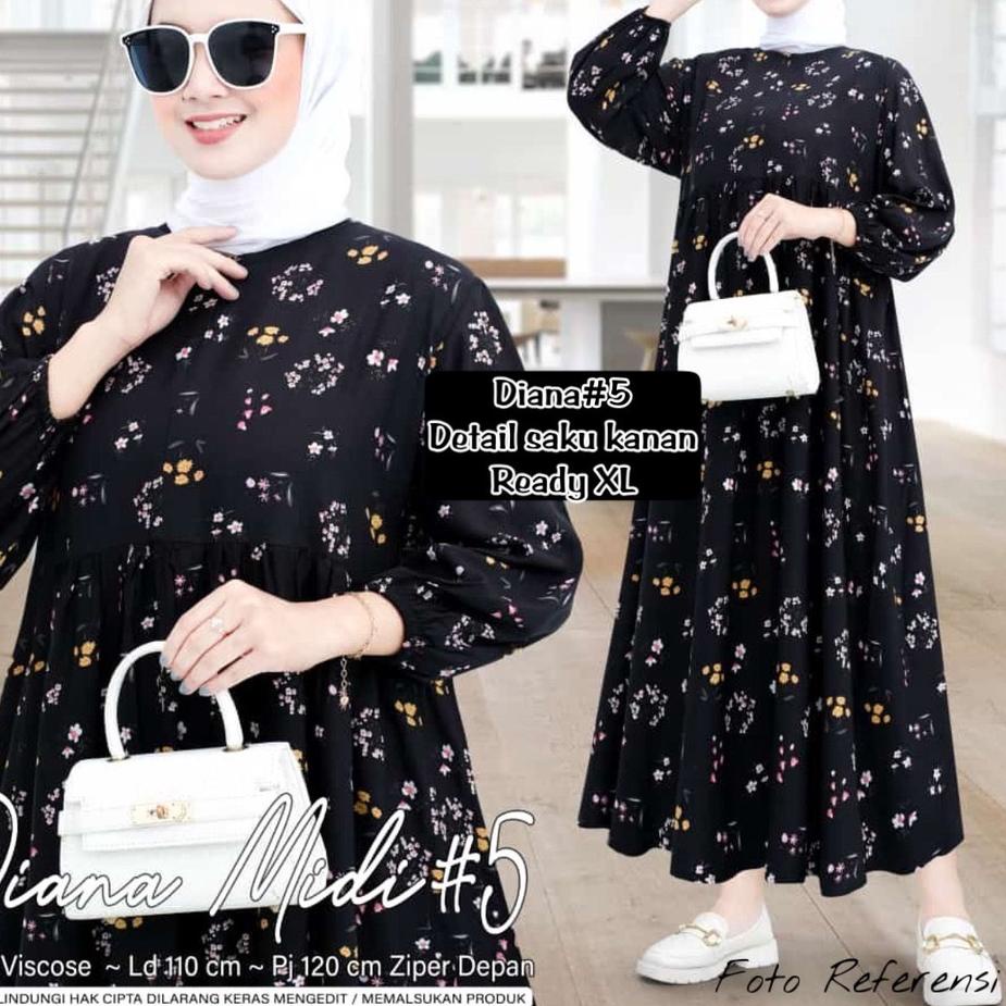 Tren Kekinian.. DIANA MIDI DEESS XL XXL - DRESS RAYON VISCOSE MOTIF - DRESS BUSUI - DRESS JUMBO BIG 