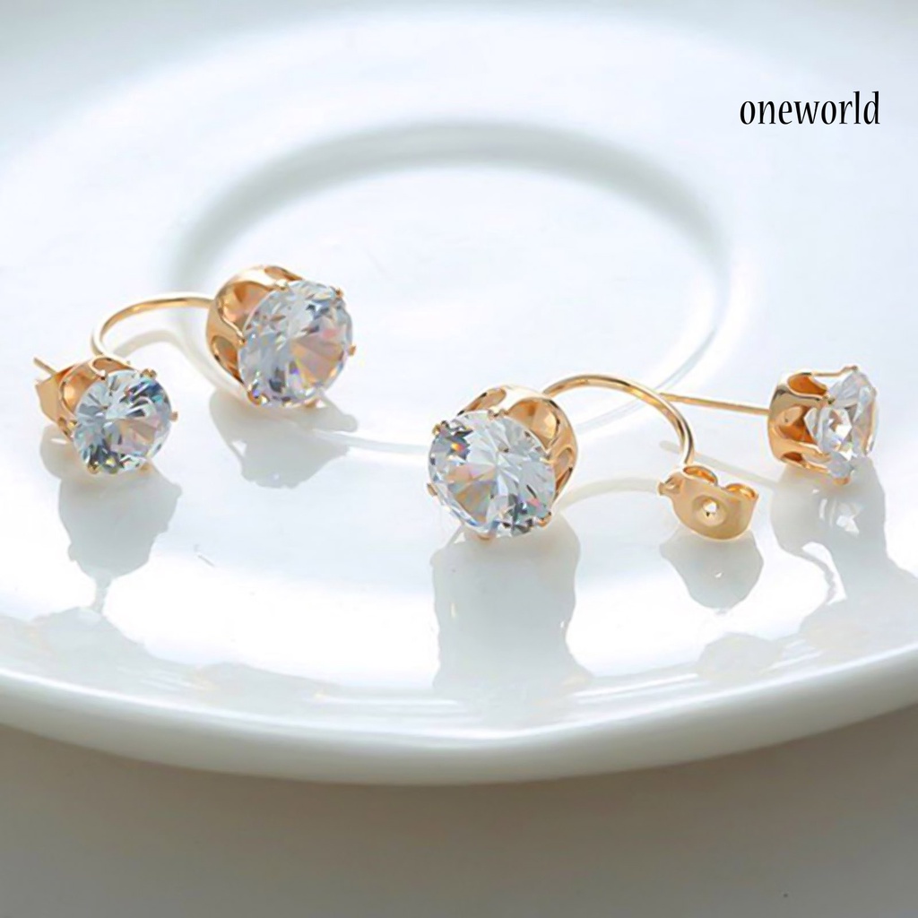 OW@ Ear Studs Double Rhinestones Fashion Drop Alloy Women Ear Jacket Earrings Jewelry for Party