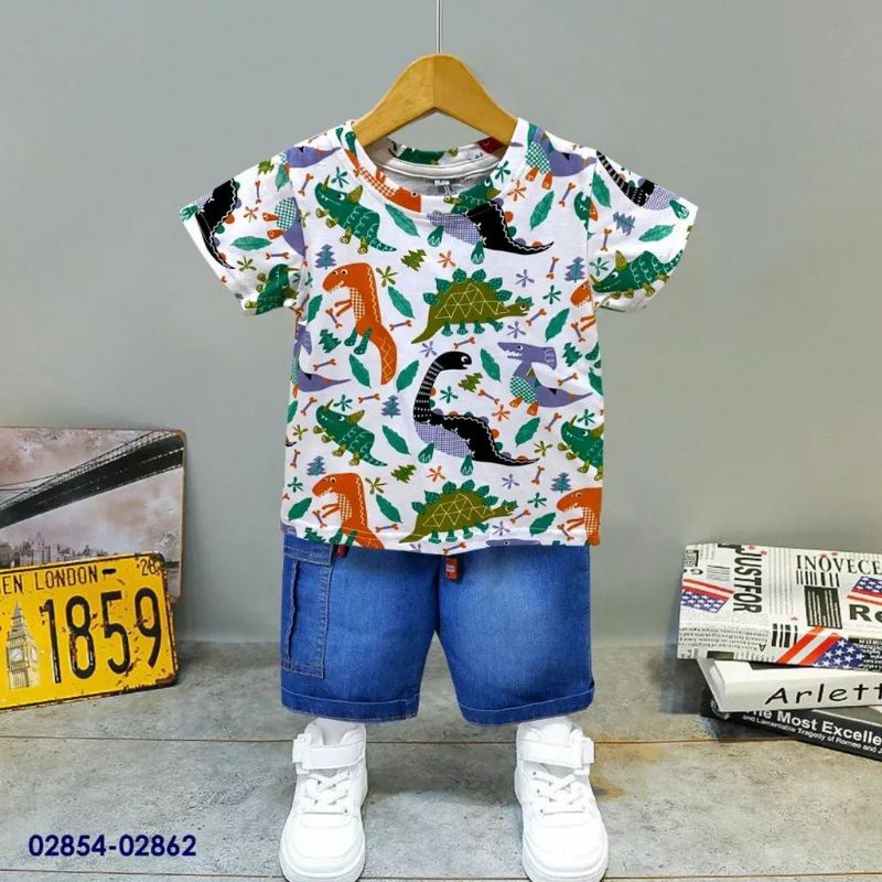 setelan anak jeans kaos full print aison 3-5 T