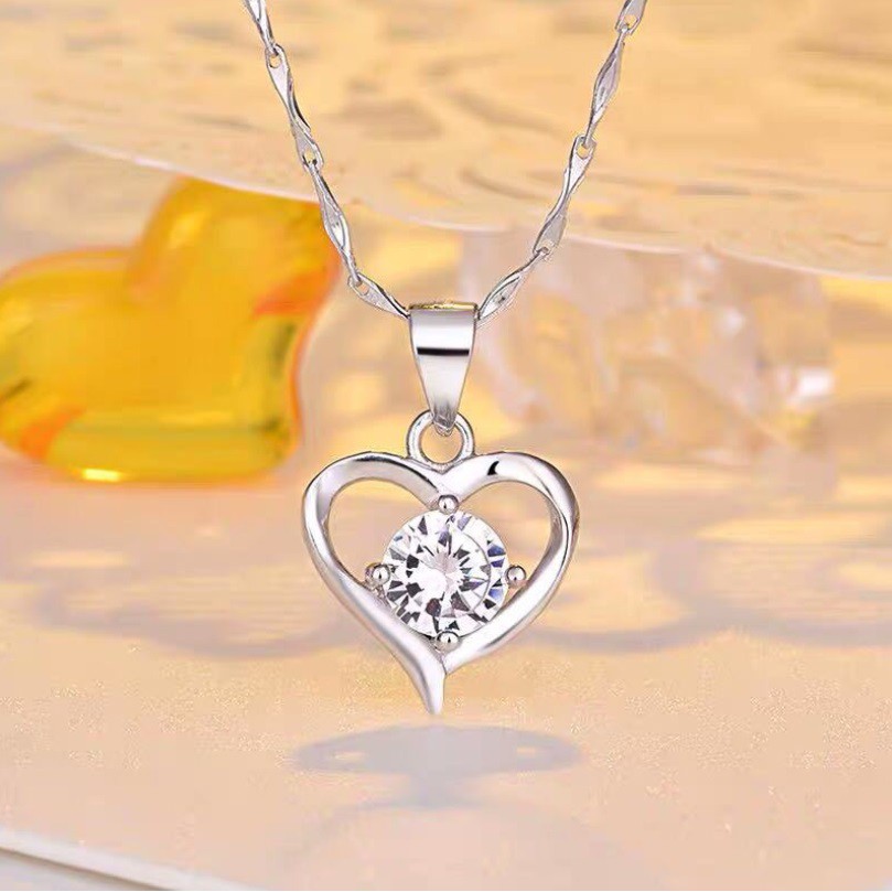 Kalung + Liontin S925 D13 Sterling Silver ANTI KARAT Plated Emas Putih Korea Fashion  Wanita Love