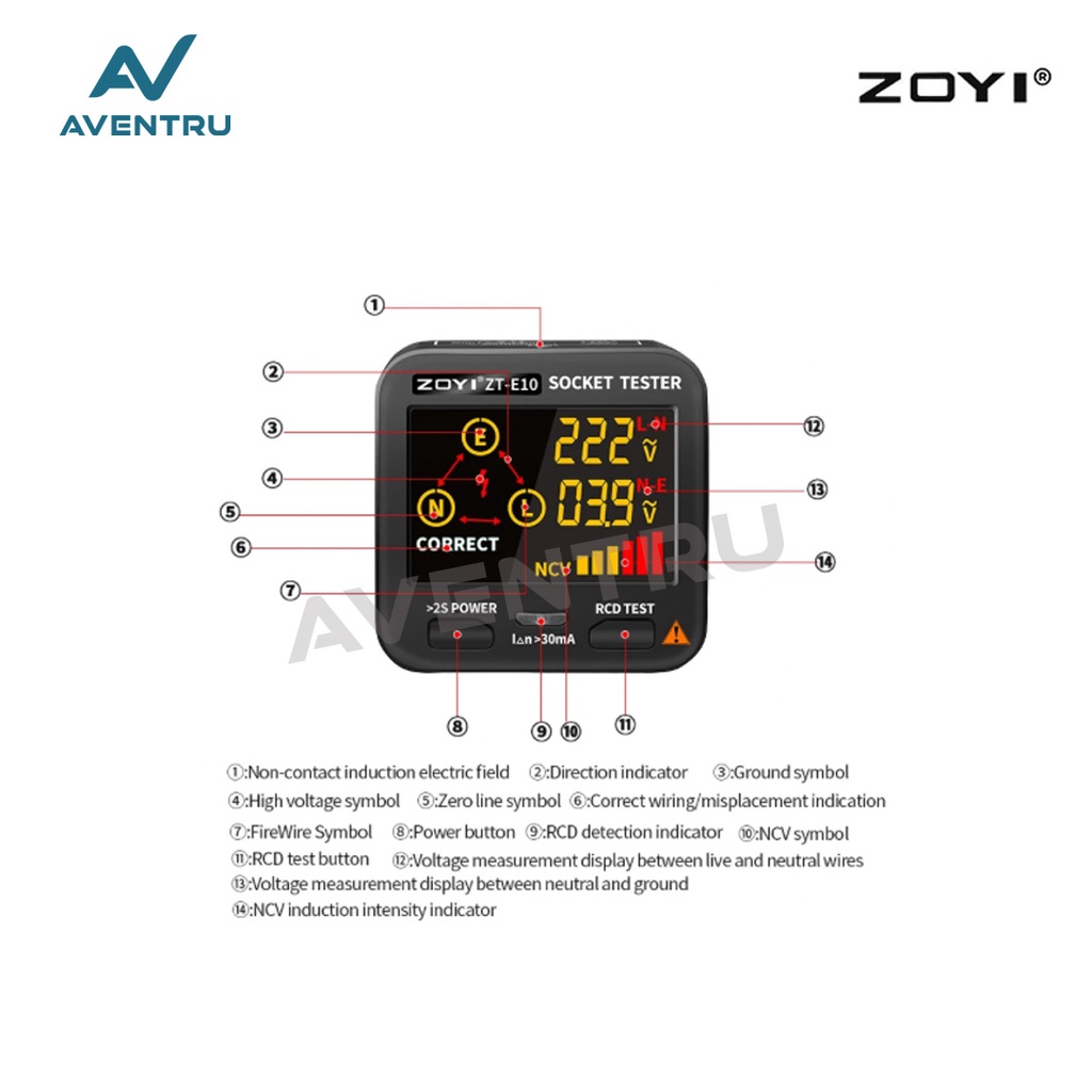 Zoyi ZT-E2 Digital Smart Socket Tester Voltage Test Socket Detector AC