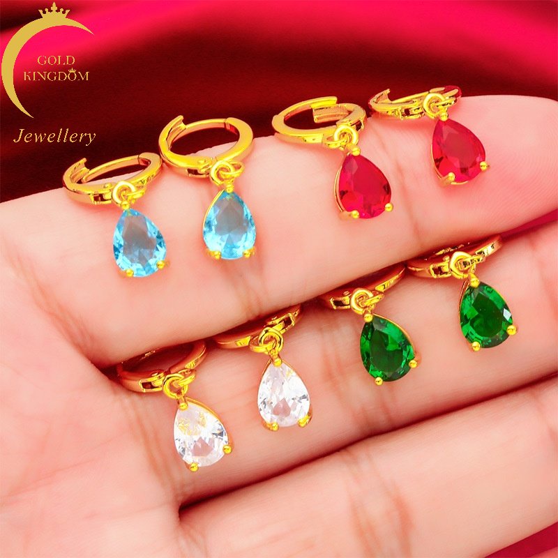 Anting Drop Manik-Manik Ruby Emerald Sapphire 24K Gold Plated Gaya Bangkok Untuk Wanita