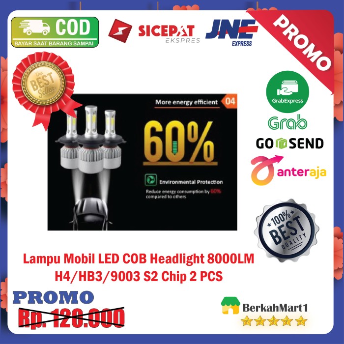 Lampu Mobil Headlight LED COB 72W 8000LM H4/HB3/9003 2 PCS HI LOW