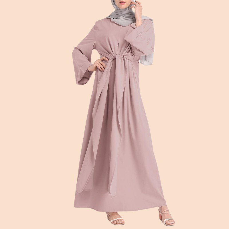 [PRINCESS KESLI]Wanita Lengan Panjang Iregular Belted Swing Dress Panjang Muslim