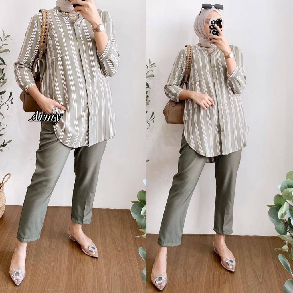 Nareya Set - One Set Wanita Kemeja Pelangi Shakila Twill Premium Setelan Baju Lengan 7/8 Set Celana Panjang Kekinian LD 110 cm