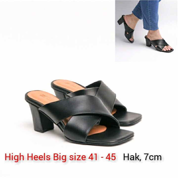 Sandal Heels Wanita Selop Hak 7cm Hitam - Sandal Heel Ukuran Besar 41-42-43-44-45 sendal ukuran jumbo heels pesta formal kondangan ibu2 arisan