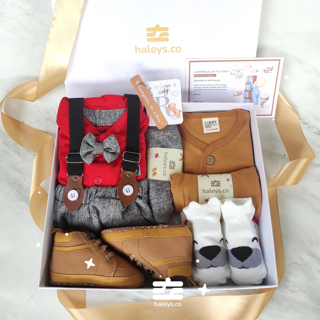 Haleys.co Hampers Bayi Premium | Baby Tuxedo Merah | Kado Bayi Newborn | Kado Bayi 6-12 Month | Hampers Baby Boy | Hampers Baby Girl | Gift Box Baby | Paket Kado Baju Bayi Lucu | Kado Lahiran | Set Tuxedo Merah Baby Boy Keren