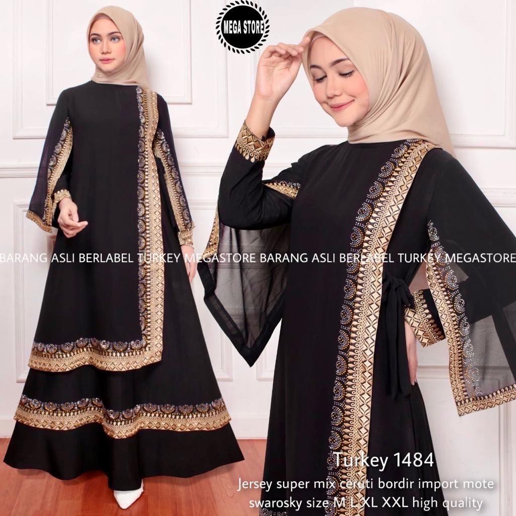 Baju Gamis Abaya Turkey Hitam Bordir Jersey Jumbo Mewah 1484