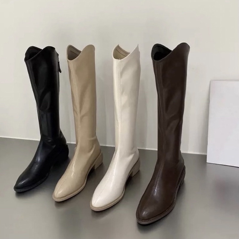 Sepatu Boots Wanita Slip Knee Boots Korean Cream Black Import Selutut