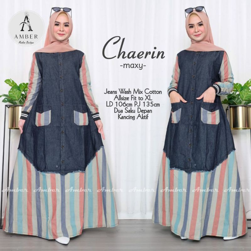 chaerin gamis wanita dewasa jeans wash mix katun motif garis-garis terbaru