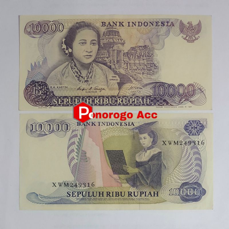 (GRESS/AU/UNC) Uang kuno Rp.10.000 rupiah ibu kartini tahun 1985 10rb 10000 r.a kartini au unc baru